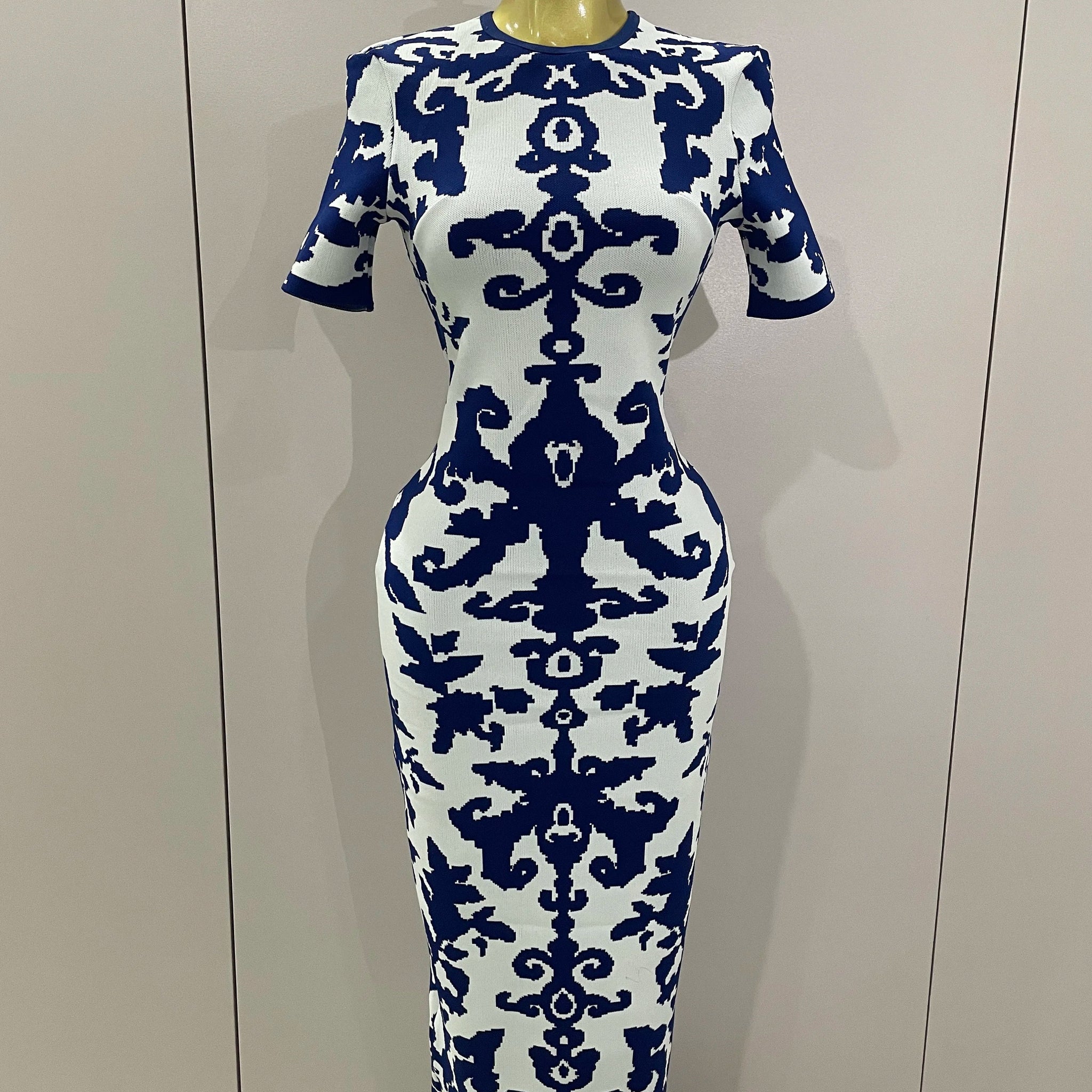 Sexy Short Sleeve Jacquard Blue Bandage Bodycon Long Dress Women Celebrity Elegant Evening Club Party Luxury Dresses Blue