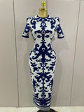 Sexy Short Sleeve Jacquard Blue Bandage Bodycon Long Dress Women Celebrity Elegant Evening Club Party Luxury Dresses Blue