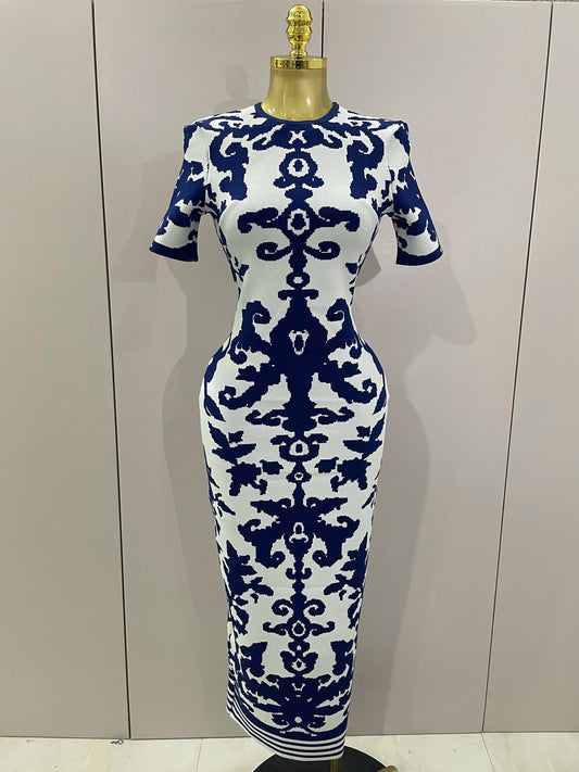 Sexy Short Sleeve Jacquard Blue Bandage Bodycon Long Dress Women Celebrity Elegant Evening Club Party Luxury Dresses Blue