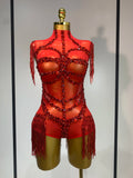 High Quality Luxury Rhinestone Sexy Mesh See Through Bodysuit Women Celebrate Birthday Party Club Singer Dancer Stage Outfit Red