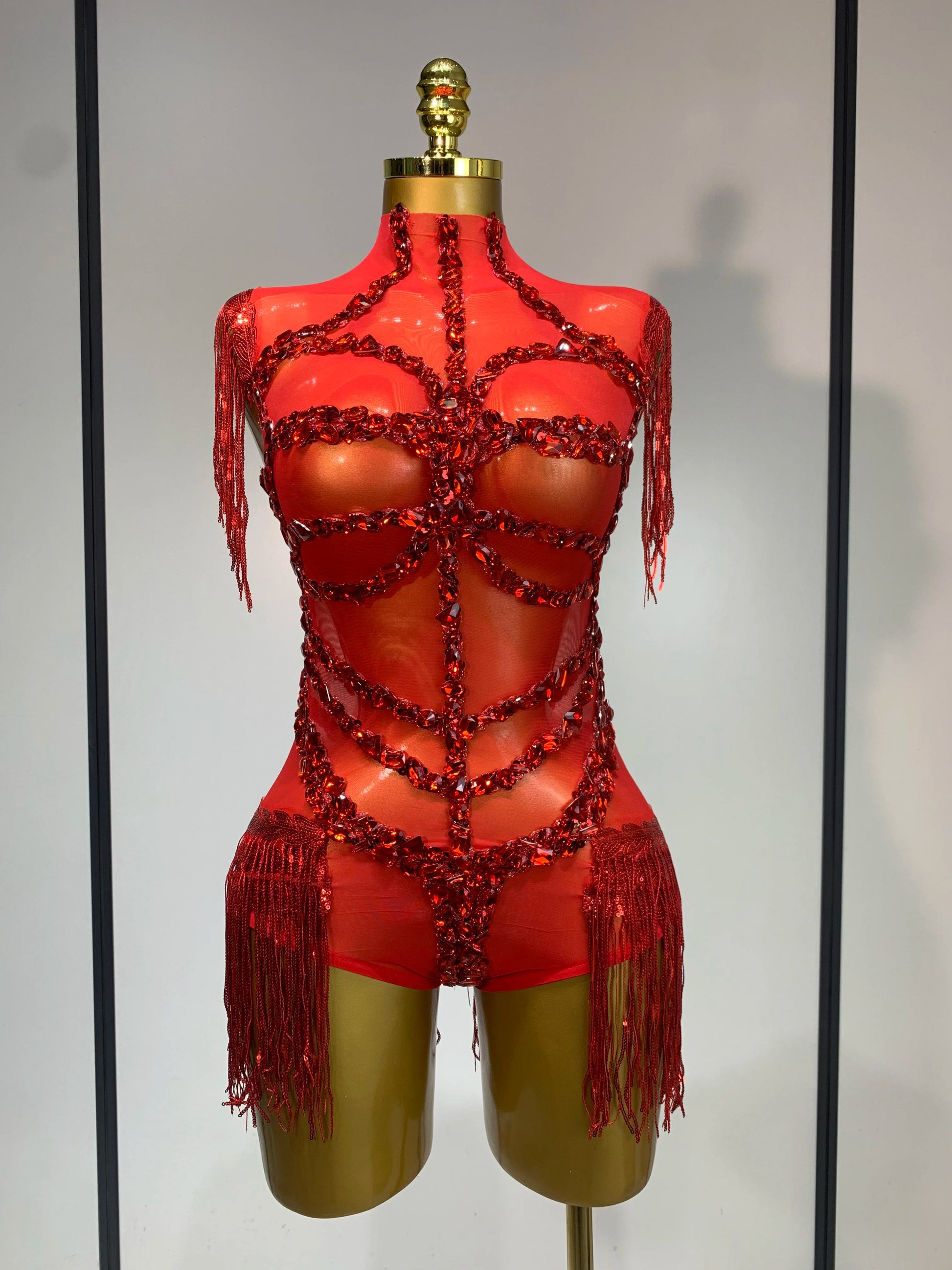 High Quality Luxury Rhinestone Sexy Mesh See Through Bodysuit Women Celebrate Birthday Party Club Singer Dancer Stage Outfit Red