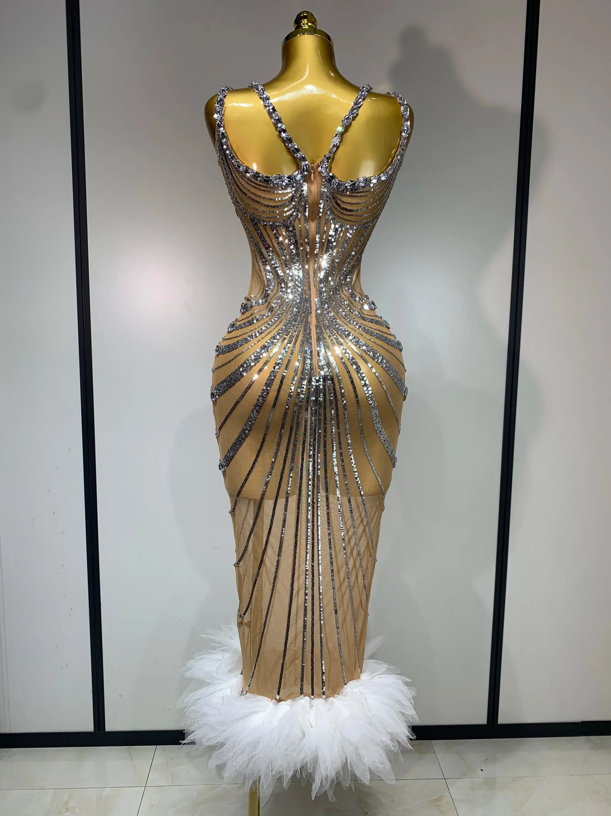 Sexy Silver Rhinestone White Mesh See Through Long Dress Women Luxury Birthday Party Prom Gown Singer Nightclub Stage Outfit