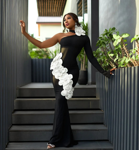 Black Color Women Sexy Long Sleeve One Shoulder White Florals Bodycon Long Bandage Dress Celebrate Evening Party Birthday Wear