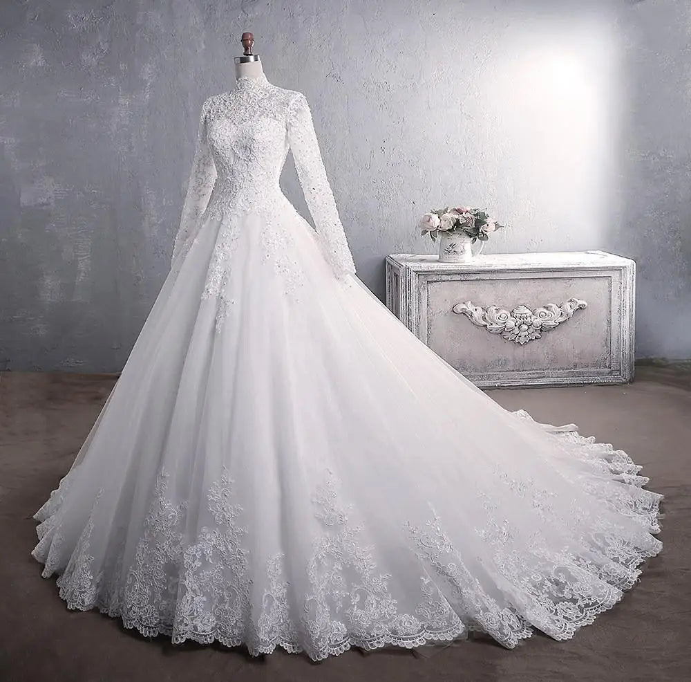 Long Sleeve Wedding Dresses Luxury High-neck Classic Zipper Back Ball Gown Plus Size Vestido De Noiva Plus Size Custom Color