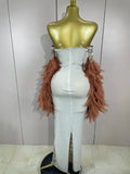 Luxury Sparkling Diamond Feather Mesh Tight Sexy Mesh Long Dress Women Birthday Party Nightclub Stage Performance Costume