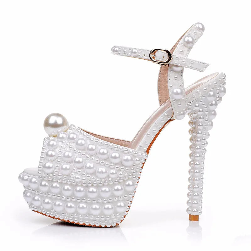 Luxury Full Pearls Beaded Peep toe Women Gladiator Sandals Fashion Summer Platform Wedges 14cm High heels Wedding Party Shoes White