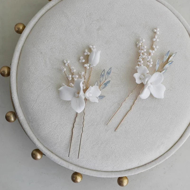 Wedding Accessories Porcelain Flower Head Piece Opal Gold Silver Color Hairpin Brides Bridesmaids Hair Clip Pin Bridal Jewelry gold color