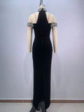 2024 Sexy Women's Heavy Industry Diamond Adorned Velvet Dress with Hanging Neck Shoulder Bodycon Transparent Gaul Gloves+Dresses