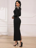 Elegant Women's Light Luxury Nail Bead Bandage Dresses Square Neck Long Sleeve Bodycon Long Dress Evening Party Vestidos