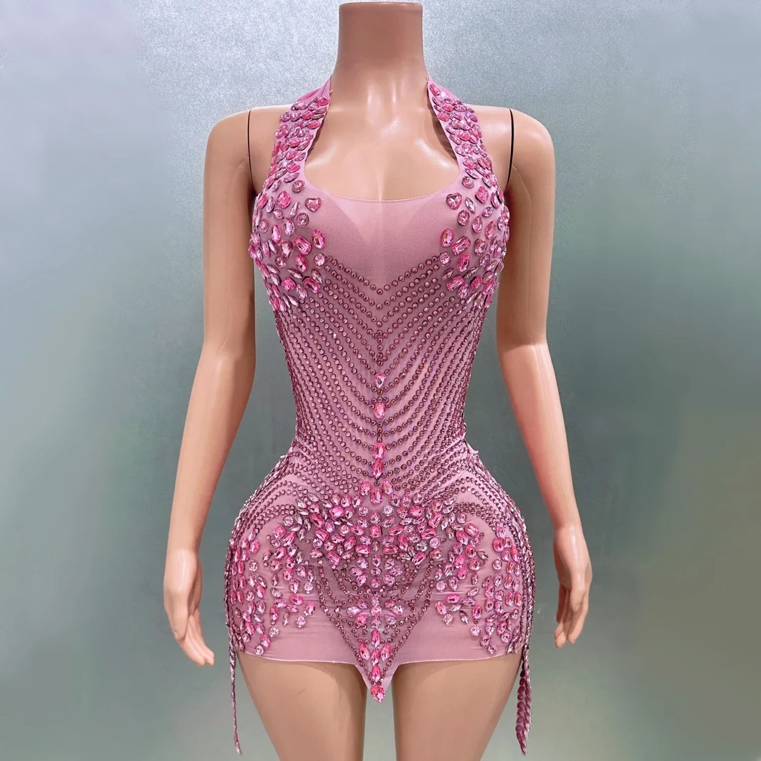 Women Sexy Halter Crystal Bodycon Mini Dress Celebrate Nightclub Party Performance Birthday Photo Shoot Dress