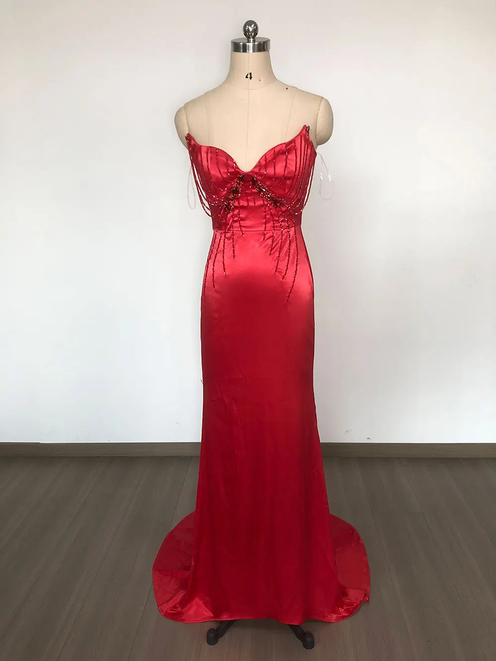 Sexy Women'S Light Luxury Nail Bead Design Tailcoat And Floor Dress Strapless Sleeveless Bodycon Backless Marx Red Dresses Red