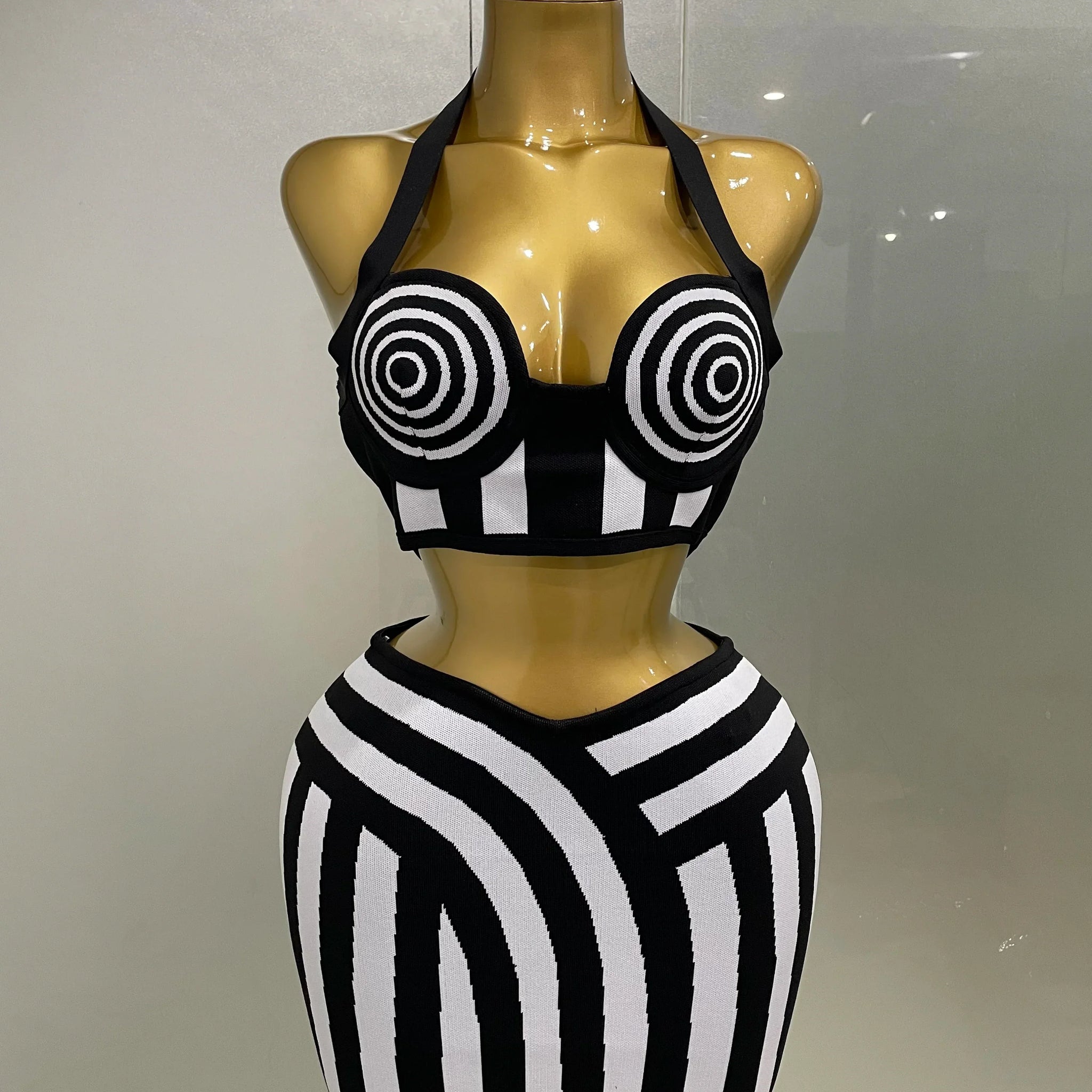 Women Celebrity Sexy Jacquard Black White Two Piece Bodycon Striped Bandage Skirt Set Designer Evening Party Dress black