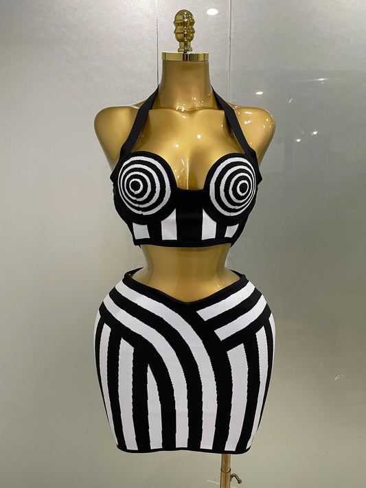 Women Celebrity Sexy Jacquard Black White Two Piece Bodycon Striped Bandage Skirt Set Designer Evening Party Dress black