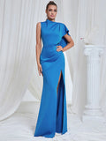 Elegant Women Maxi Dress O-neck Single Shoulder Sleeveless Bodycon Draped Split Body Long Dress Evening Club Party Vestidos Blue