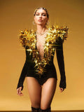 Shiny Gold Rhinestone Black Velvet Long Sleeve Bodysuit Women Evening Party Club Gala Hosts NightClub Bar Stage Costumes