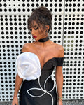 Black Color Women Sexy Off the Shoulder Big Florals Bodycon Mini Bandage Dress Fashion Celebrate Nightclub Party Outfit Vestido