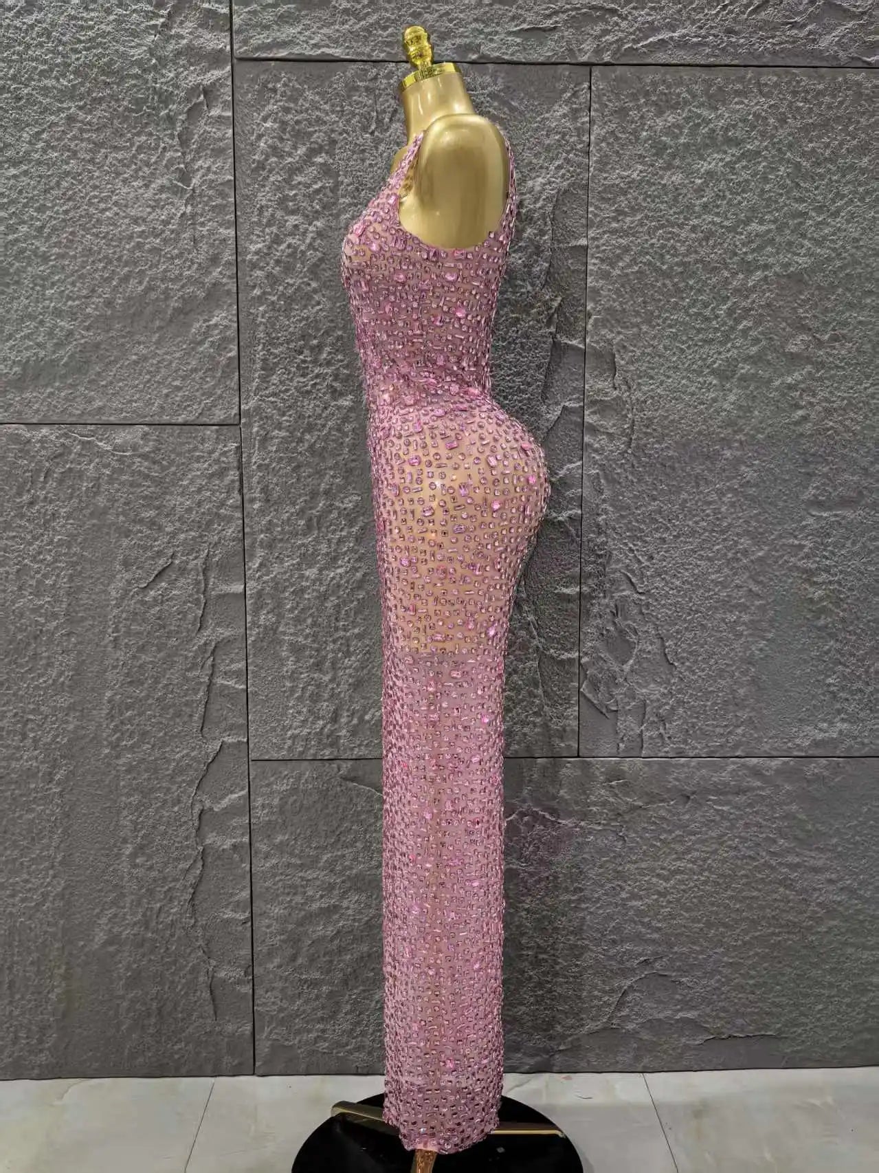 Handmake Top Quality Women Sleeveless Sexy O-Neck Mesh See Through Full Crystal Bodycon Long Dress Birthday Party Stage Wear