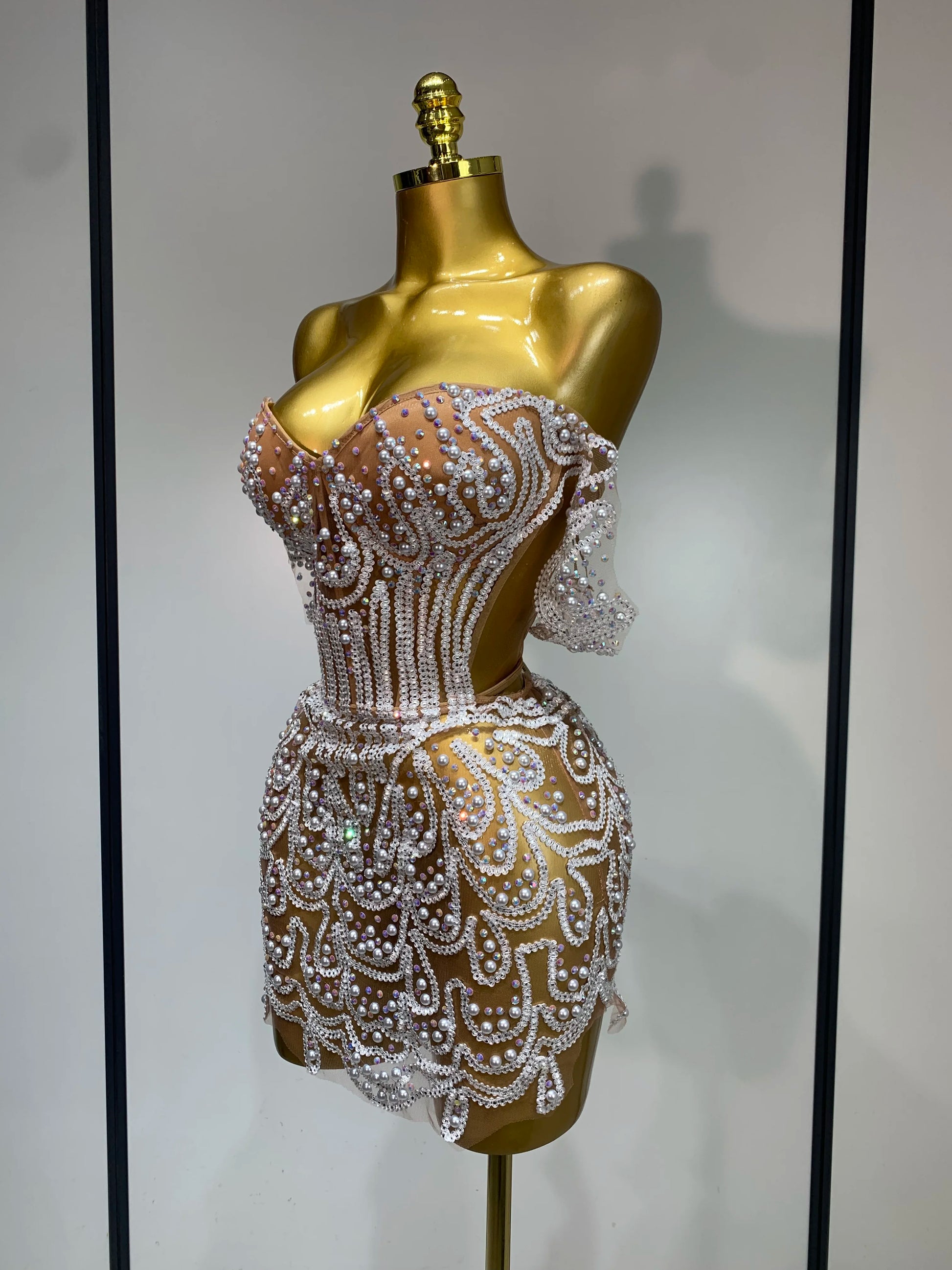 Shining Diamond Sexy Off Shoulde See-Through Mini Dress Women Evening Birthday Party Nightclub Dancer Performance Stage Costume