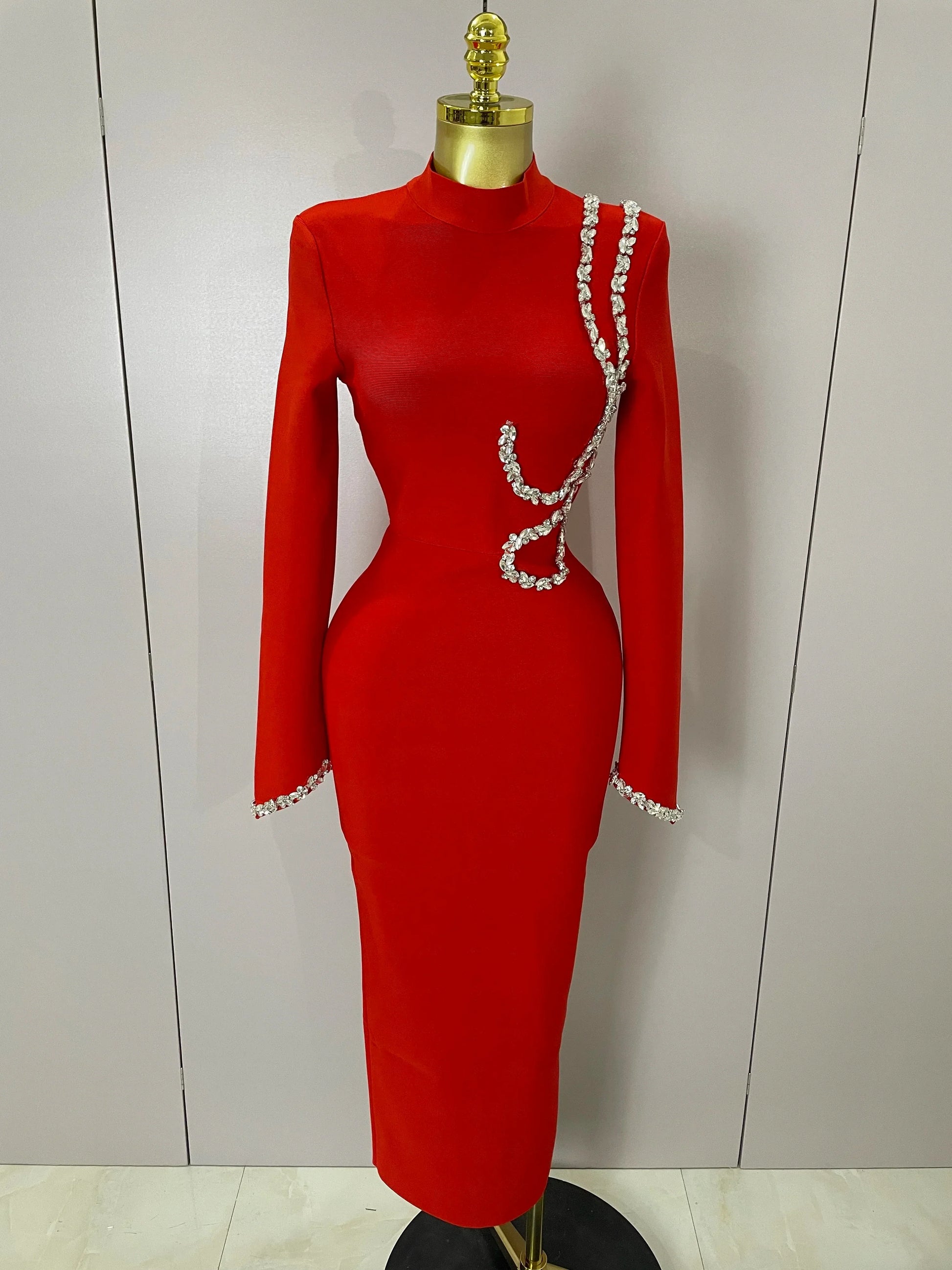 Sexy Long Sleeve Diamonds Maxi Long Bodycon Bandage Dress Women Celebrity Elegant Evening Party Luxury Birthday Dresses Red