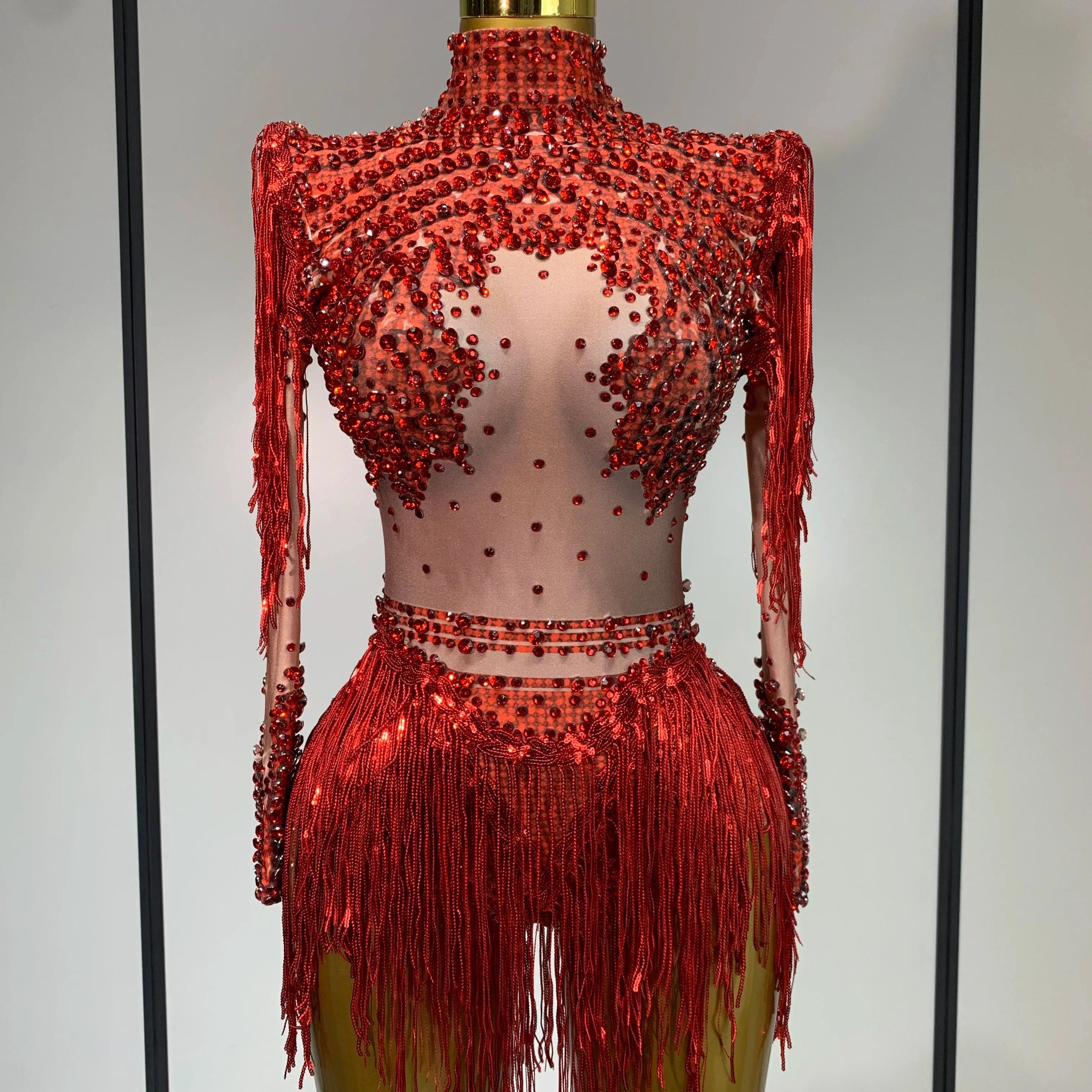 Women Sexy Elasticity Performance Dance Nightclub Rompers Singer Stage Outfit Sparkly Rhinestone Tassels Bodysuit Birthday Wear Red