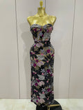 Sexy Strapless Floral Sequin Long Dress Women Sequins Flower Backless Long Slim Dress Evening Party Runway Gown Dress black