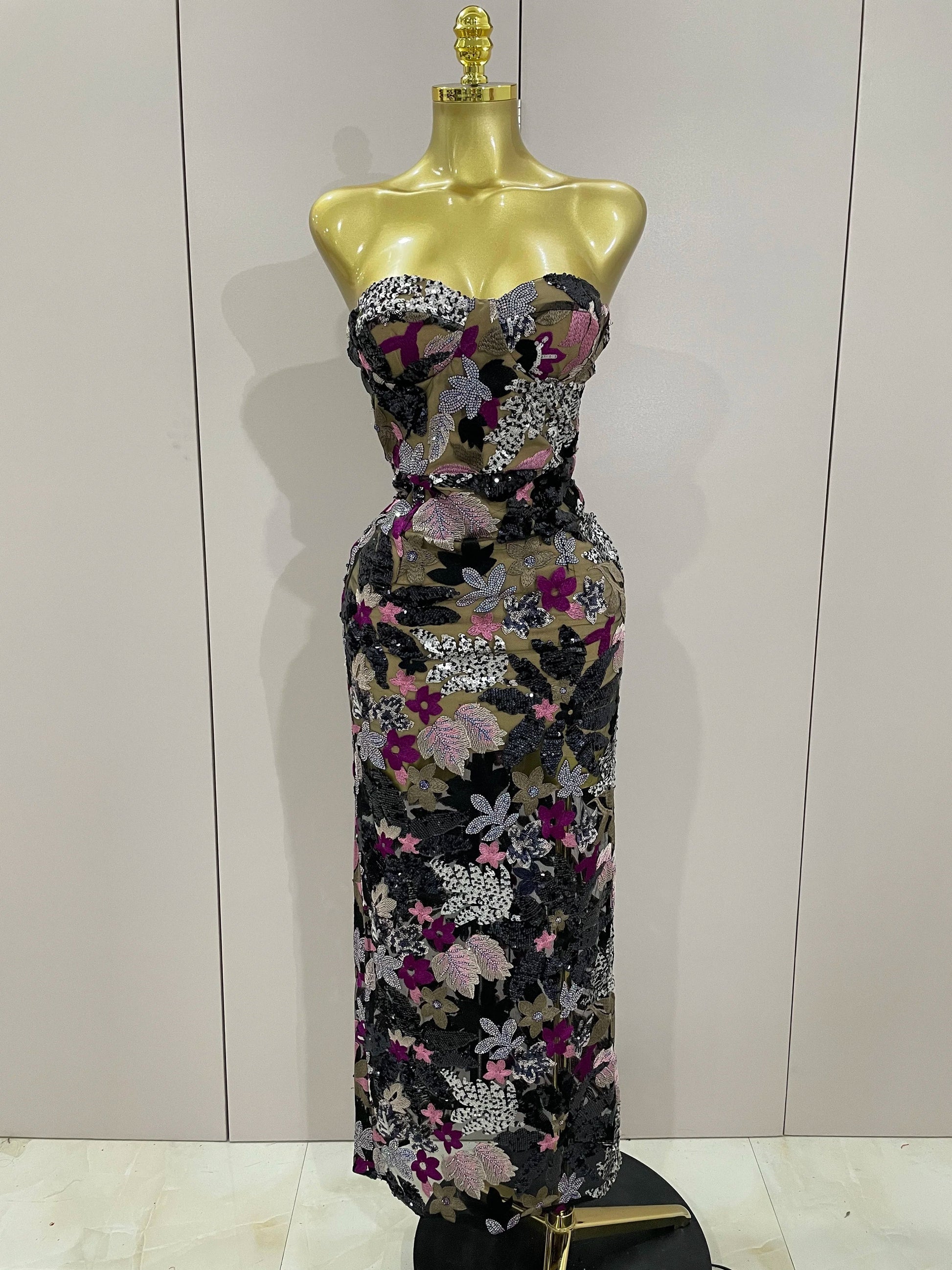 Sexy Strapless Floral Sequin Long Dress Women Sequins Flower Backless Long Slim Dress Evening Party Runway Gown Dress black