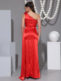 2025 Summer Elegant One Shoulder Satin Prom Dress Red sleeveless 3D Flower Folds Floor Length Special Occasion Formal Party Gown