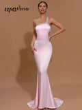 2025 Sexy Women's Hot Diamond Single Shoulder Sleeveless Swallowtail Dress Bodycon Draped Bareback Pink Long Dress Cocktail Even