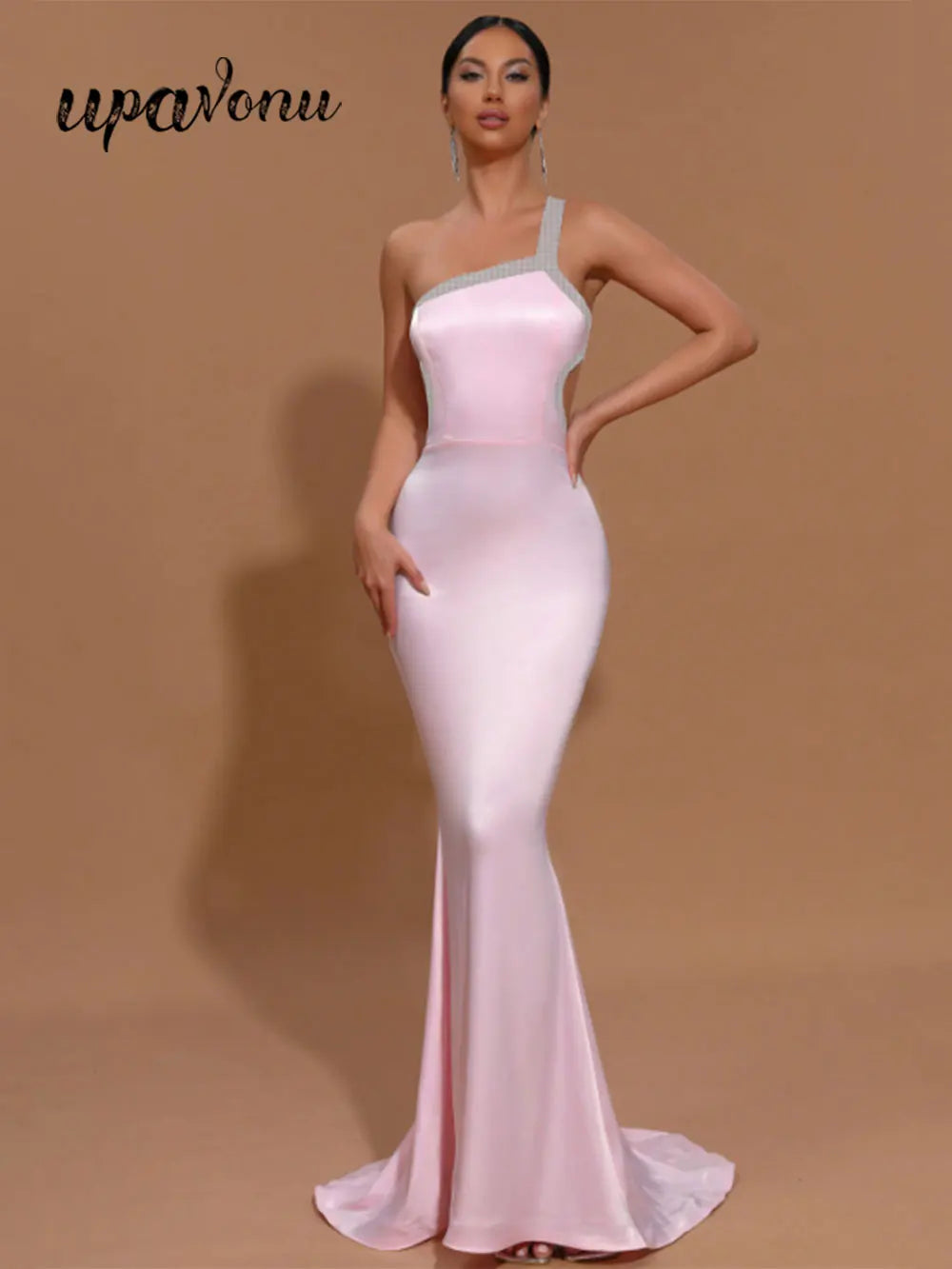 2025 Sexy Women's Hot Diamond Single Shoulder Sleeveless Swallowtail Dress Bodycon Draped Bareback Pink Long Dress Cocktail Even