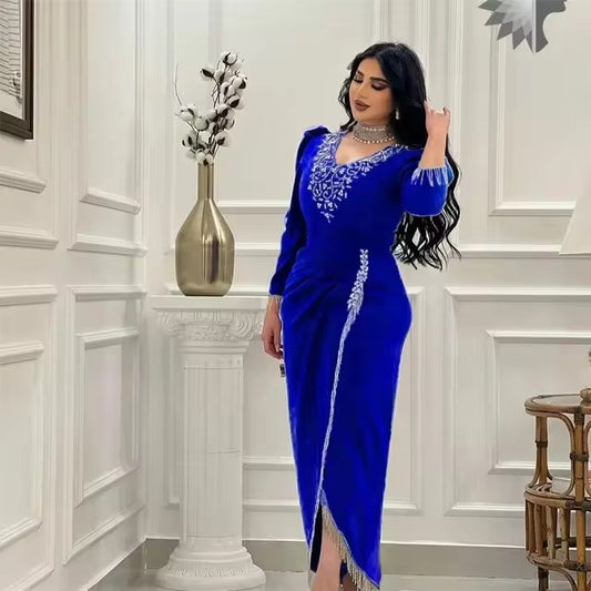 Vintage Royal Blue Evening Dresses V-Neck Half Sleeves Mid Slit Formal Women Prom Gowns Special Occasion Dresses