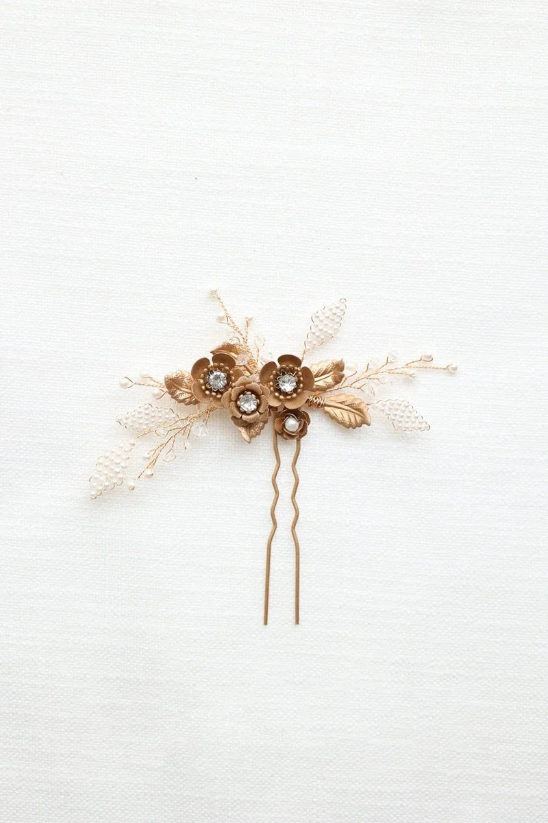 Bridal Jewelry Rhinestones Pearl Hair Pin Clip Leaf Flower Head Piece Brides Gift Vintage Gold Color Hairpin Wedding Accessories 4