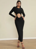 Spring Women's Open Waist Design Black Bandage Dresses O-Neck Long Sleeve Bodycon Long Dress Evening Club Party Vestidos black