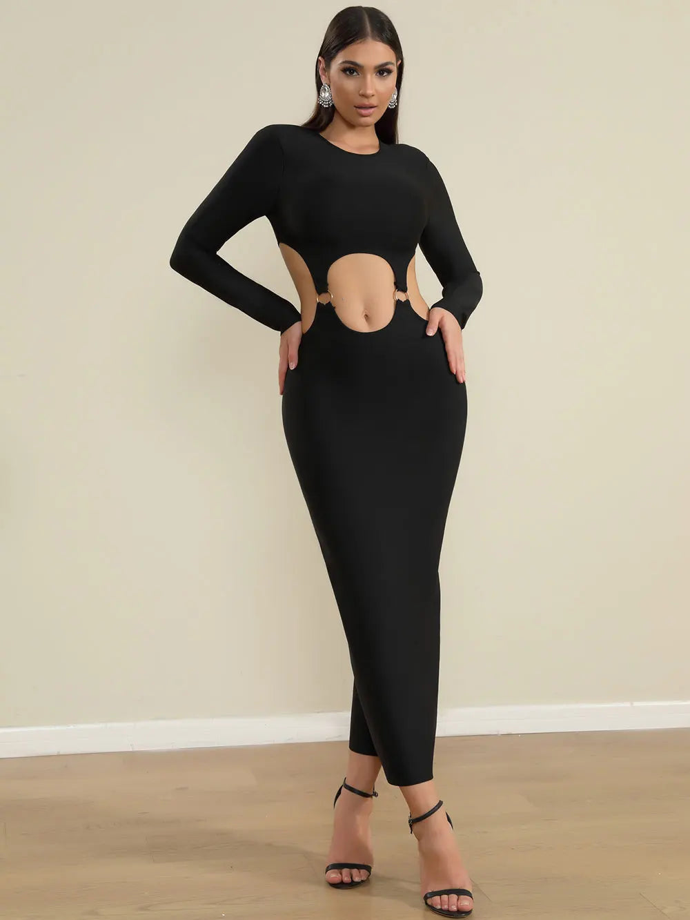 Spring Women's Open Waist Design Black Bandage Dresses O-Neck Long Sleeve Bodycon Long Dress Evening Club Party Vestidos black