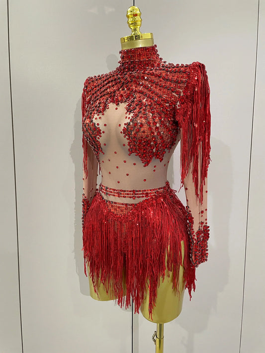 Sparkly Rhinestone Sequin Tassel Stretch Bodysuits Women Birthday Party Nightclub Dj Stage Performance Costume
