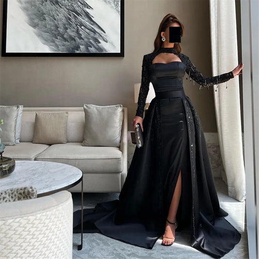 Noble Saudi Black Prom Dress A-Line Strapless Long Sleeves Sequined Floor Length Party Dresses vestidos de graduación Black