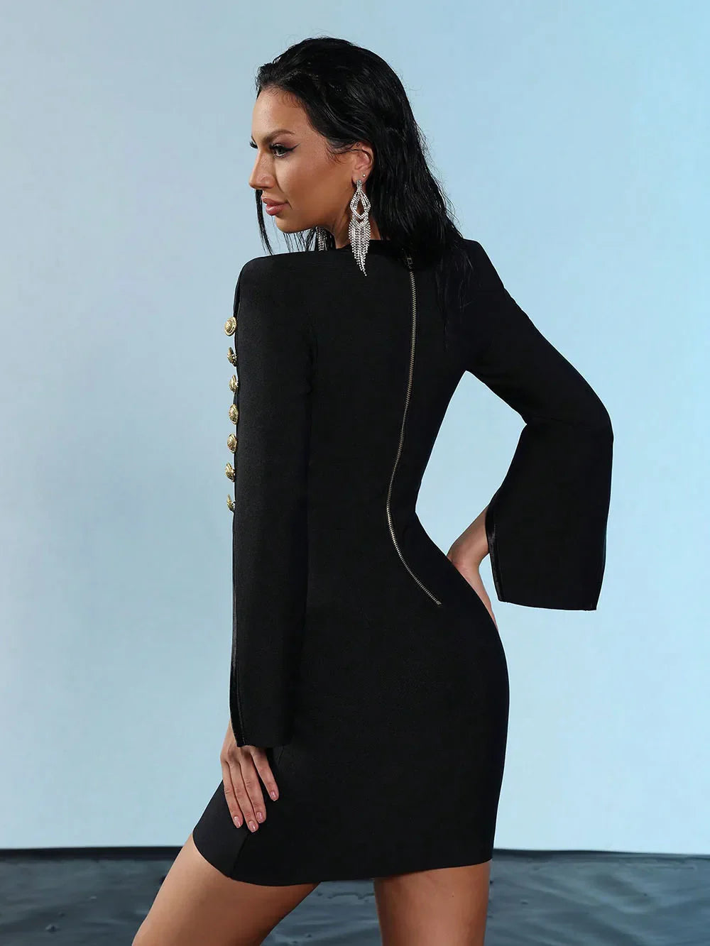 Women V Neck Bandage Dress Black Sexy Long Sleeve Button Bodycon Club Celebrity Elegant Evening Mini Party Dresses