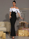 Elegant Women Light Luxury Flower Design Bandage Dress with One Collar Shoulders Bodycon Banquet President's Dress Vestidos