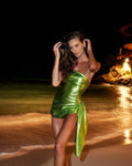 Women Sexy Strapless Shinning Leather Bodycon Mini Draped Dress Celebrate Nightclub Party Chiristmas Bar Singer Wear