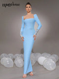 Women'S Elegant Bandage Dresses Square Neck Long Sleeved Nail Bead Design Bodycon Long Dress Evening Party Vestidos