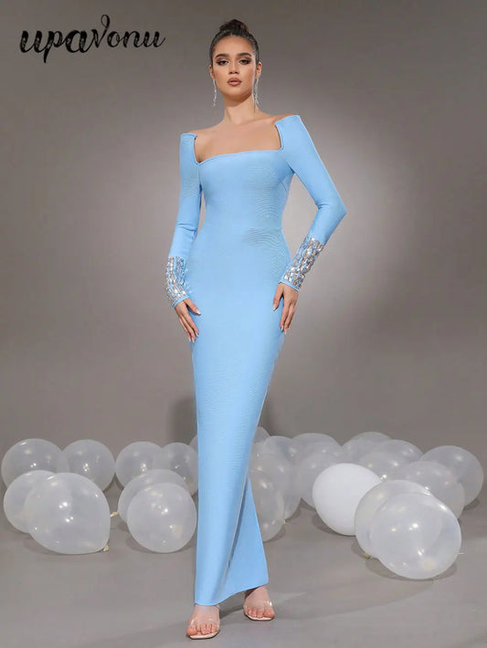 Women'S Elegant Bandage Dresses Square Neck Long Sleeved Nail Bead Design Bodycon Long Dress Evening Party Vestidos