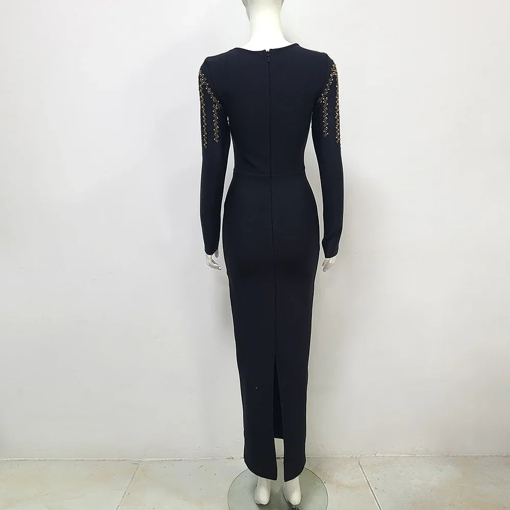 High Quality Women Long Sleeve Sexy Golden Rhinestones Bodycon Long Bandage Dress Nightclub Party Celebrate Fashion Dress