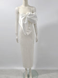 2024 Sexy Women's Heavy Industry Nail Bead Dress Shoulder Collar Bodycon Backless Midi Dress Cocktail Evening Party Vestidos WHITE