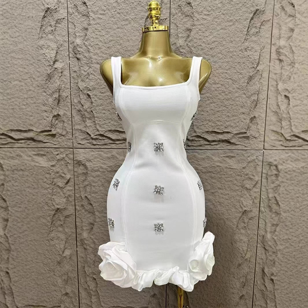 Women Sleeveless Sexy Square Collar Shinning Crystal Ruffles Bodycon Mini Bandage Dress Nightclub Party Birthday Wear WHITE