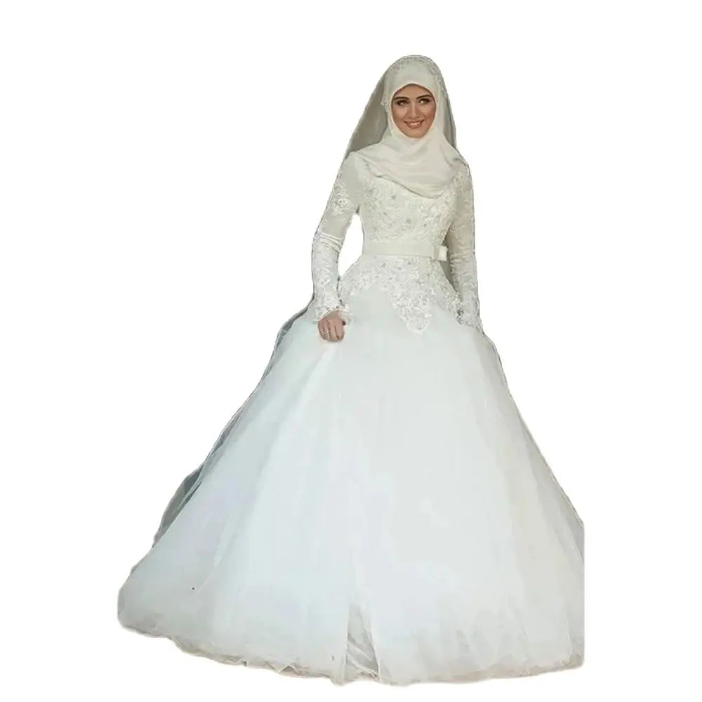 Simple Wedding Dress For Women Off-Shoulder Muslim With Flowers A-Line Pure Plain Satin Vestidos New White Split Bridal Gown Picture Color