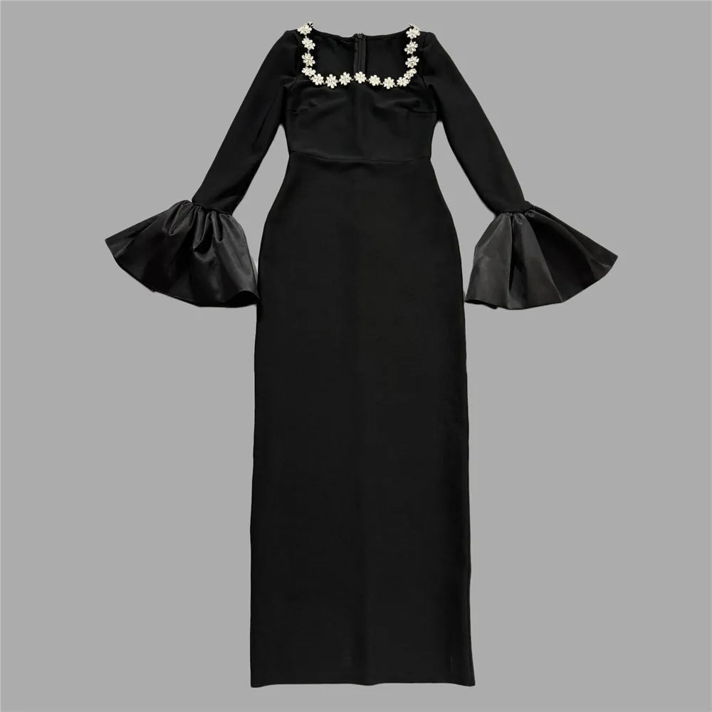 Black Color Women Long Sleeve Sexy Sqaure Collar Shinning Crystal Bodycon Long Bandage Dress Celebrate Evening Party Outfit black