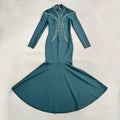 Newest Fashion Designer Party Vestido Women'S Diamonds Mesh Long Sleeves Bodycon Mermaid Long Maxi Dress Dark Green