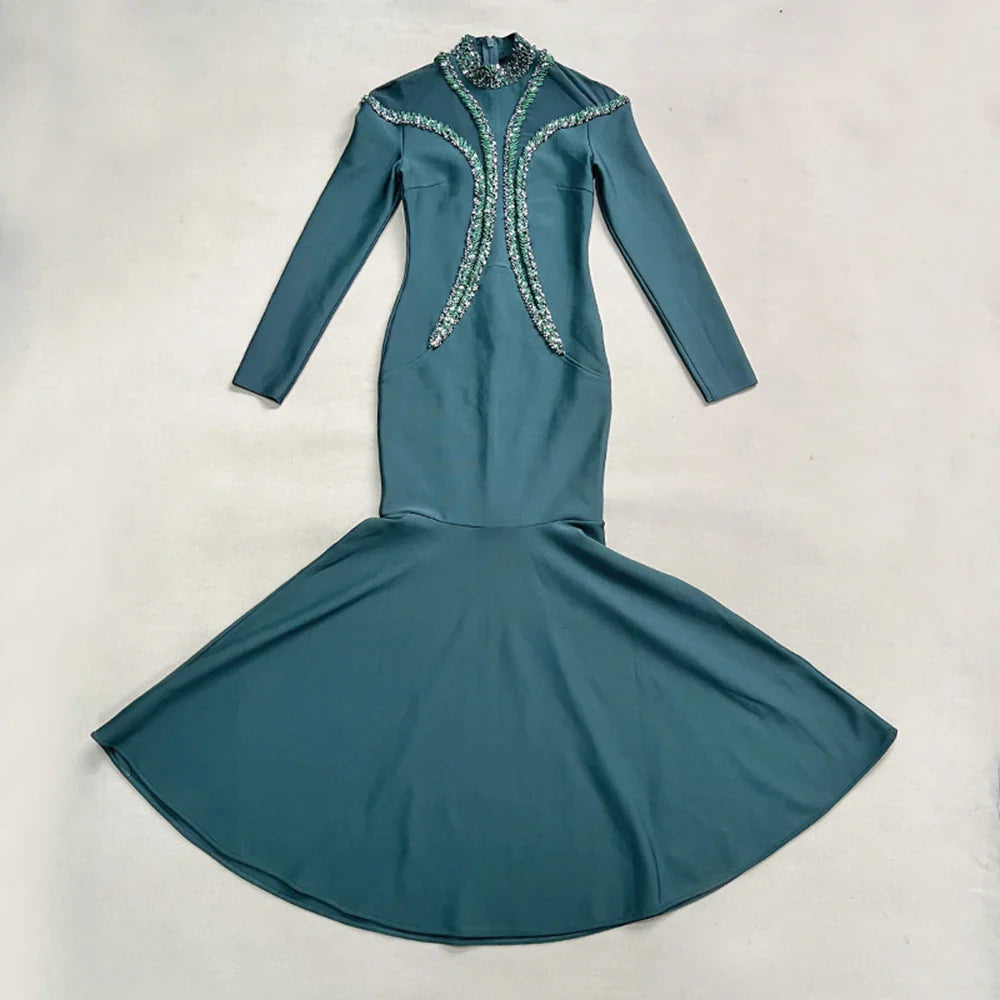 Newest Fashion Designer Party Vestido Women'S Diamonds Mesh Long Sleeves Bodycon Mermaid Long Maxi Dress Dark Green