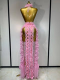 Mesh Sequins Sexy Backless Halter See Through Dress Birthday Evening Party Prom Nightclub Singer Stage Performance Costume