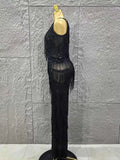 Black Color Women Sleeveless Sexy V-Neck Shinning Tassels Bodycon Jumpsuit Celebrate Birthday Party Peformance Stage Wear