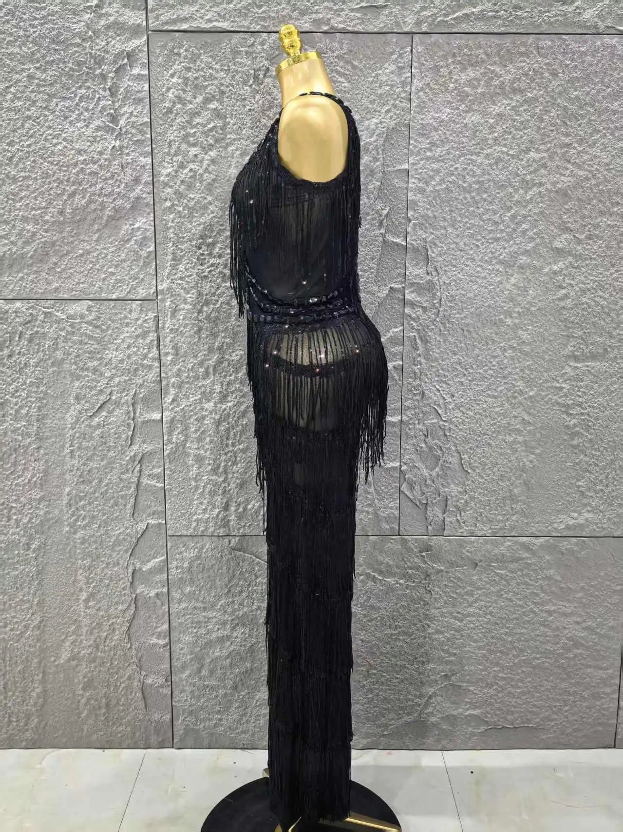 Black Color Women Sleeveless Sexy V-Neck Shinning Tassels Bodycon Jumpsuit Celebrate Birthday Party Peformance Stage Wear